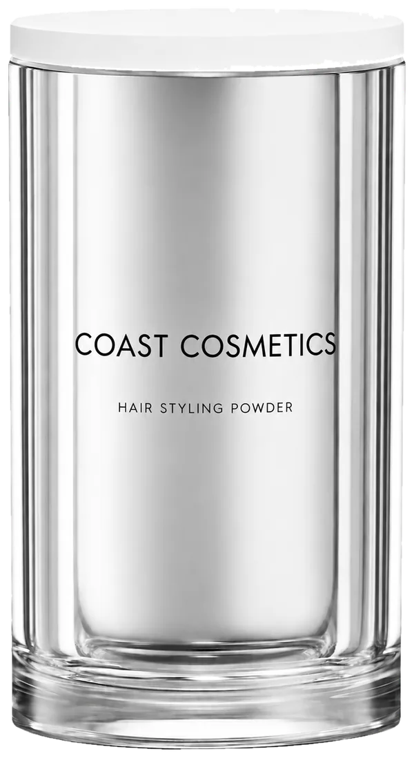 The Coast Cosmetics hair styling powder: a polished silver cylinder with a white lid