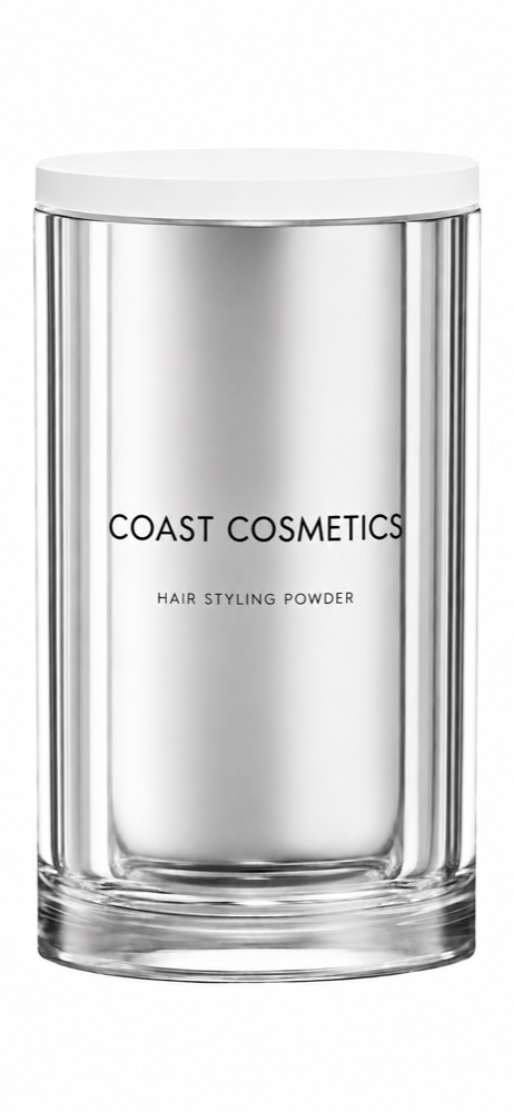 The Coast Cosmetics hair styling powder: a polished silver cylinder with a white lid